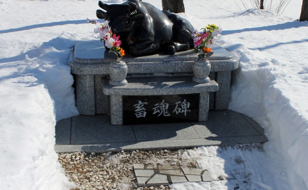 雪の中の畜魂碑