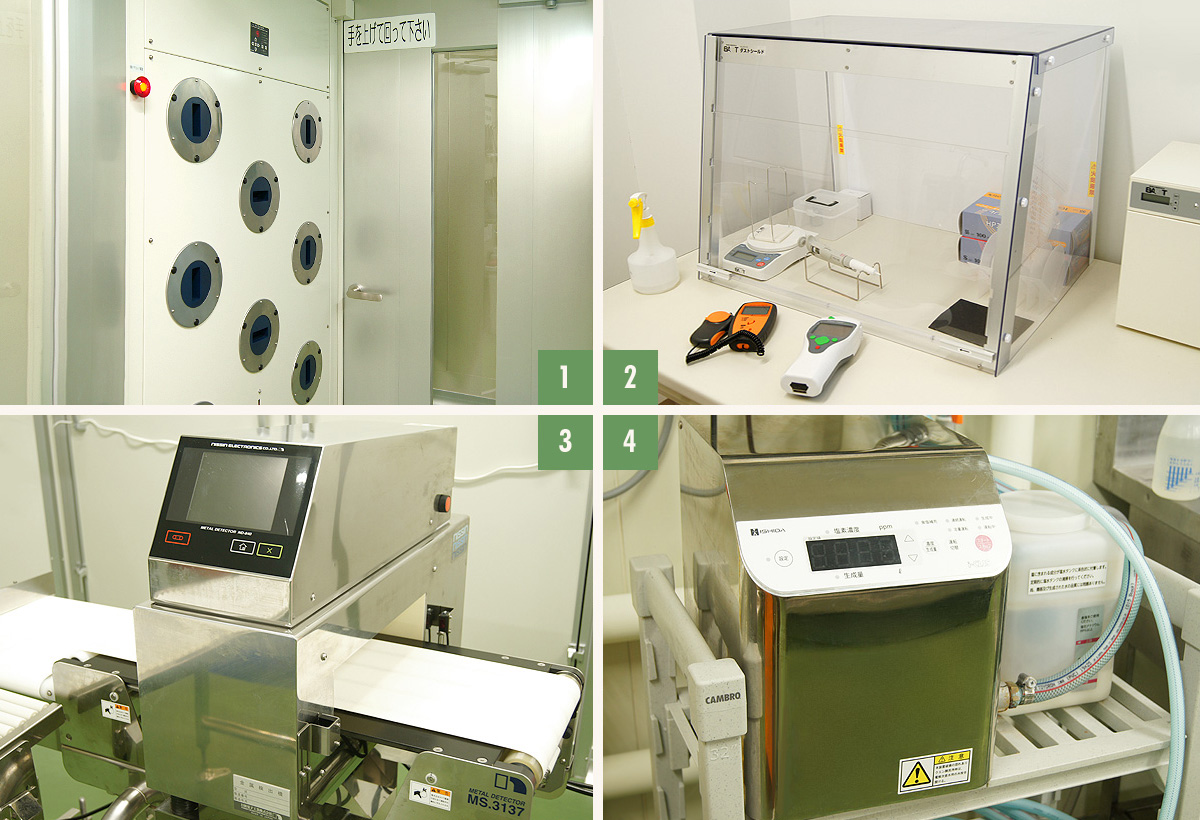 エアシャワー、自主検査キット、金属探知機、電解次亜水生成機